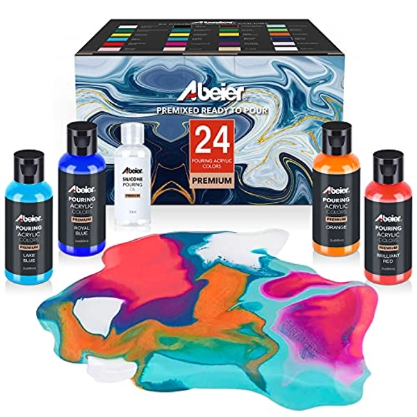 Pouring Acrylfarbe, 60ml Flaschen, 24 Farben und Silikonöl (30ml), vorgemischt, High Flow, Farbe zum Gießen auf Leinwand, Glas, Papier, Holz, Fliesen, Steine und mehr