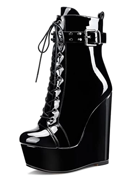 MAGIOPY Damen High Heels Plattform Stiefel Lace-up Keil 15CM Absatz Round-Toe Ankle Strap Stiefel