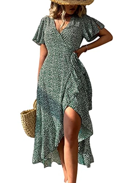CUPSHE Damen Kleid V Ausschnitt Kurzarm High Low Wickelkleid Rüschensaum Lange Freizeitkleider Sommer Strand Maxi Dress
