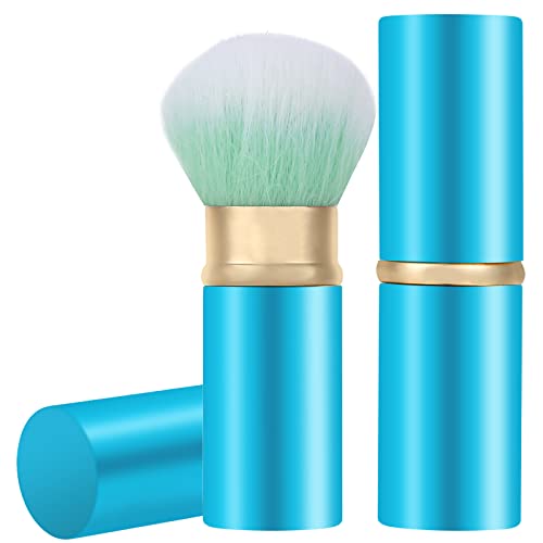 Falliny Retractable Kabuki Makeup Brush, Travel Mini Face Blush Brush, Portable Powder Foundation Sunscreen Brush with Cover for Blush, Bronzer, Buffing, Flawless Powder Cosmetics - Blue - Small