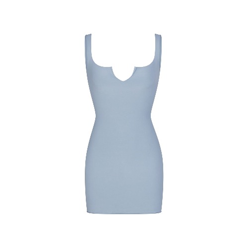 RAW EDGE SLIT FRONT MINI DRESS | DENIM