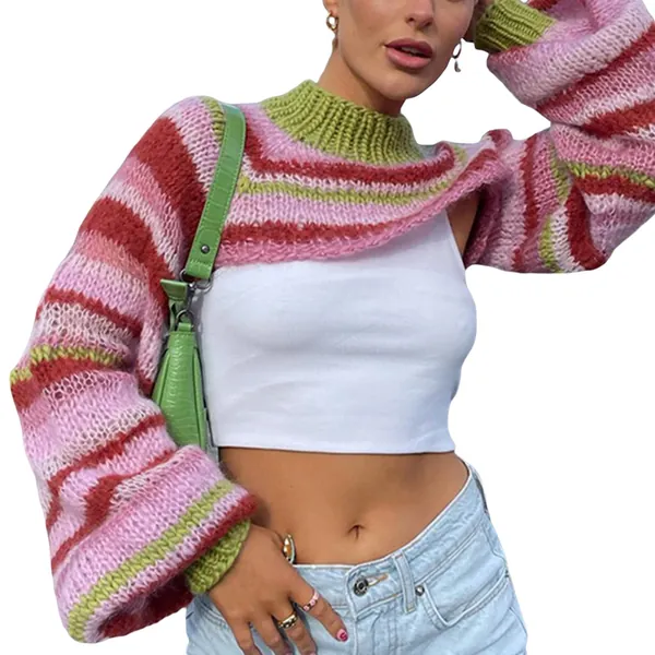 Women Y2k Knit Crochet Shrug Long Sleeve Crop Top Bolero Cardigan Contrast Color Vintage Cropped Shrug Sweater