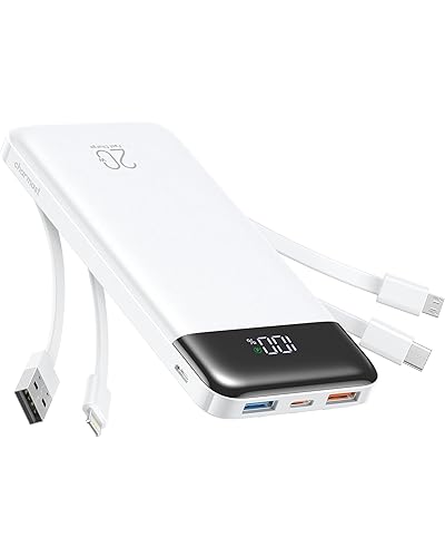 Charmast Power Bank with Built in Cables, 20000mAh USB C Battery Pack 5 Outputs 4 Inputs with LED Display Type C Powerbank,22.5W Fast Charging Portable Charger Compatible with Smartphones(White) - White