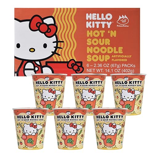Hello Kitty Instant Ramen Noodle Cup | 6 Pack | Hot and Sour Flavor | Premium Microwaveable Ramen Soup Mix, Asian Snacks - Hot 'N Sour