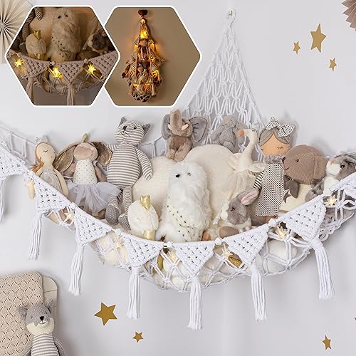 TIDYTEDS Snow White Macrame DreamLights Boho Stuffed Animal Storage Net for Stuffed Animals (Extra Large) and Stuffed Animal Net or Hammock for Small Stuffed Animals or Plushies. Pure Cotton - Snow White