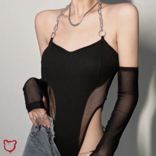 Black Mesh Chain Halter Bodysuit