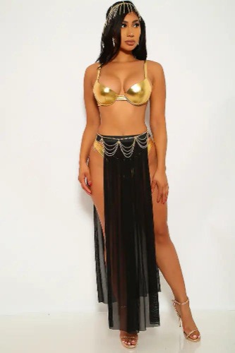 Black Gold Push-Up Goddess 3Pc Sexy Costume - L / Gold