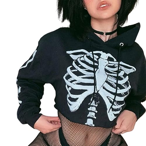 Chloefairy Women's Skeleton Print Crop Top Gothic Punk Hoodies Bandage Casual Pullover Long Sleeve Relaxed Fit Sweatshirts - Large - Black