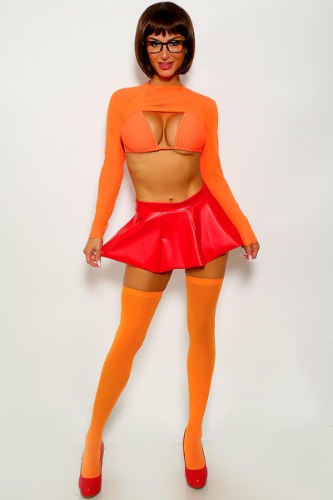 Sexy Orange Red 4 Pc Vel Sexy Halloween Costume - Orange / L
