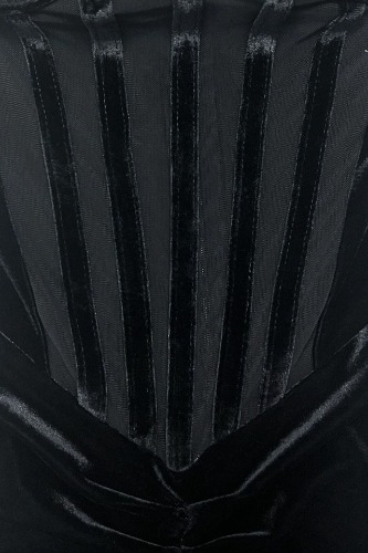 Black Rhinestone Lace Velvet Corset Boned Long Mermaid Dress w/ Gloves - Black / L