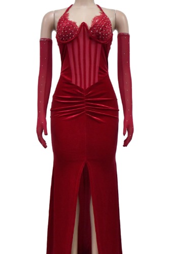 Red Rhinestone Lace Velvet Corset Boned Long Mermaid Dress w/ Gloves - Red / L