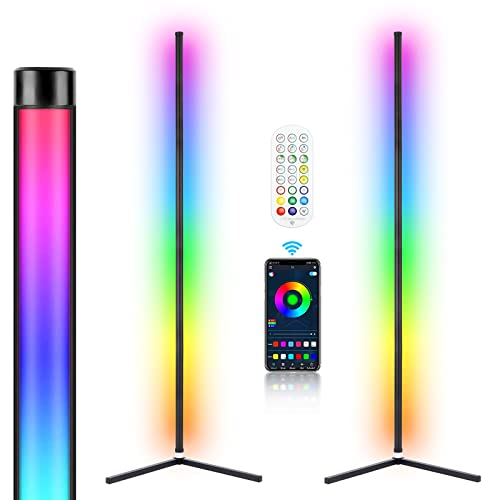 WISIMMALL 2PCS RGB Corner Floor Lamp, 64.5" RGB Color Changing Mood Light Bluetooth APP and Remote Control Music Sync LED 398 Dimmable Modes Modern Floor Lamp for Living Room, Light Timing - 2PCS
