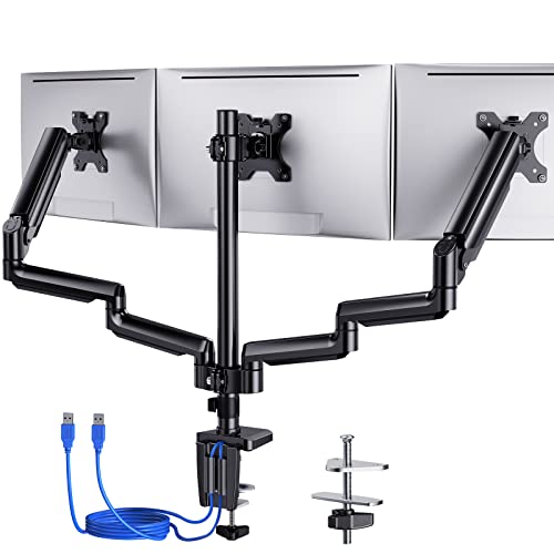 ErGear Triple Monitor Mount for Desk, 3 Monitor Stand with Gas Spring Adjustable Monitor Arm Fit Three Screens 13 to 27 inch Flat/Curved LCD Computer Screens Holds Max 17.6lbs with Clamp - Black