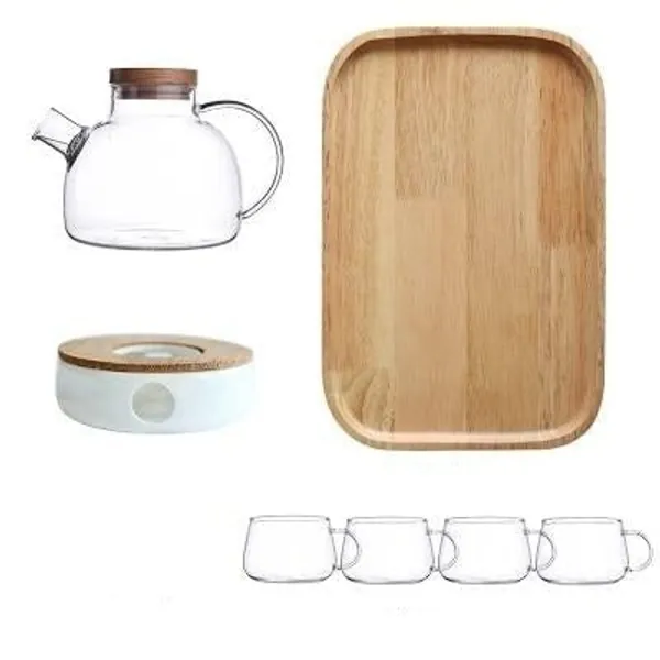 Scandinavian Glass Teapot Set by Estilo Living - SET C: 1 x Glass Teapot (1000ml), 4 x Cups, Candle Heating Plate, and Oak Tray.