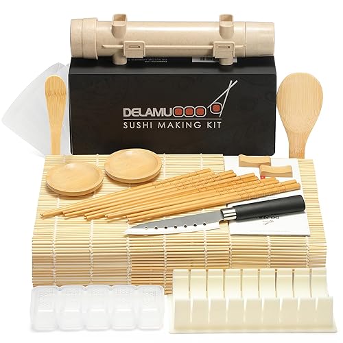 Delamu Sushi Making Kit, 20 in 1 Bazooka Roller Kit with Chef’s Knife, Bamboo Mats, Rice Mold, Temaki Sushi Mats, Rice Paddle, Spreader, Chopsticks, Sauce Dishes, Guide Book - 20in1 Sushi Kit