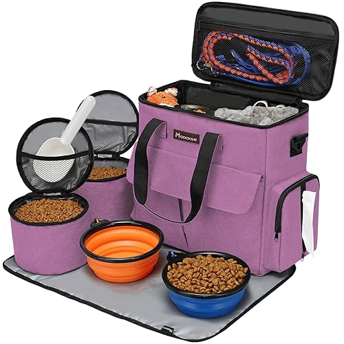 Modoker Dog Food Tote Bag, Airline Approved Pet Gear Travel Set Portable Diaper Accessories Organizer with 2 Food Storage Containers, 2 Collapsible Bowls, 1 Feeding Mat (Pink) - Pink
