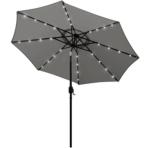 Blissun 9 ft Solar Umbrella, 32 LED Lighted Patio Umbrella, Table Market Umbrella, Outdoor Umbrella for Garden, Deck, Backyard, Pool and Beach (Grey) - Grey