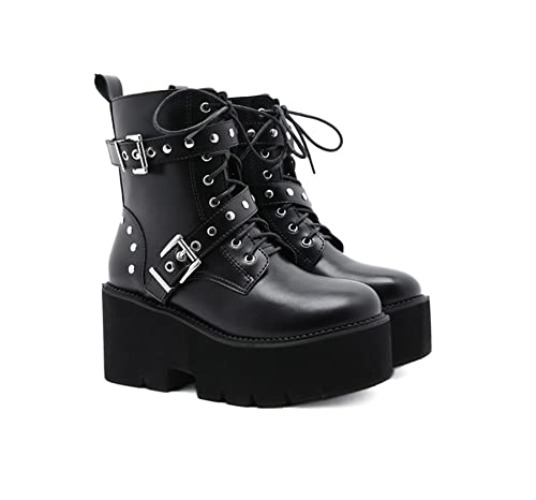 Ritmorro Platform wedge ankle boots Goth Chunky block heels Booties Lace up Punk Boots Motorcyle Combat Boots for Womens - 7 UK - Black13