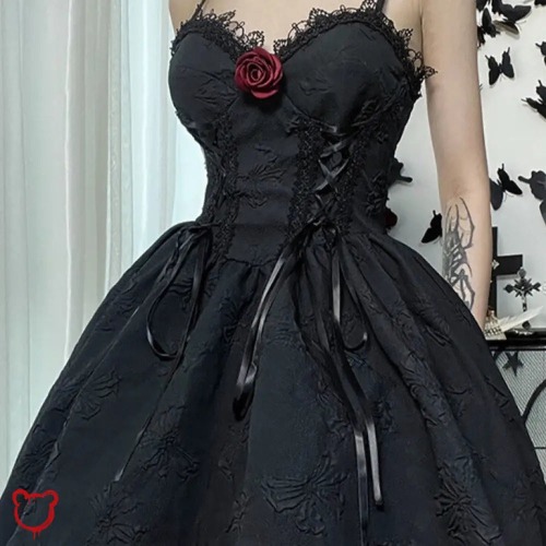 "Black Lace-Up Dress" - black / S