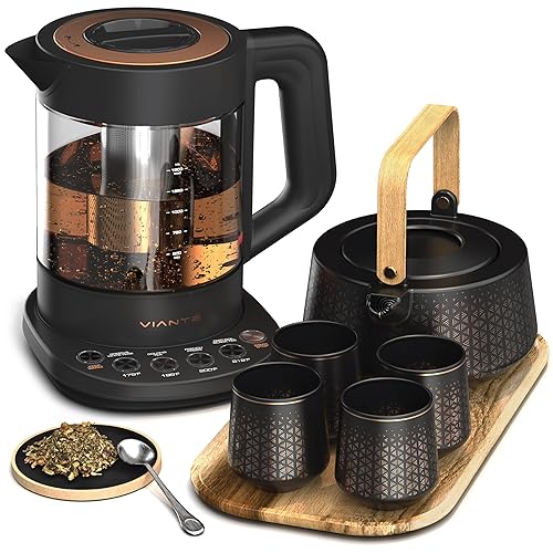 Vianté Luxury Tea Set. Electric Kettle with Tea Infuser for Loose Leaf Tea And Ceramic Serving Set. Tea Pot And Cups Set With Wooden Tray. Excellent Gift Idea For Tea Lovers. - Black and Tea Set
