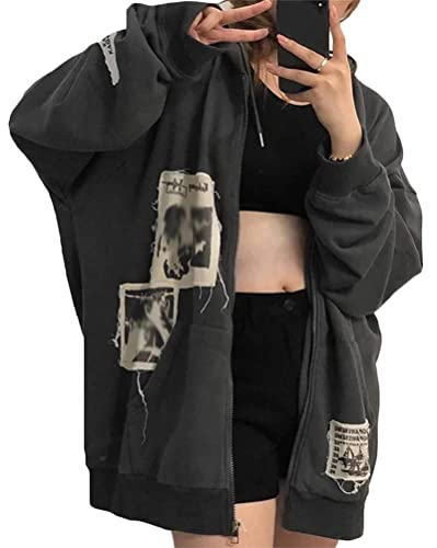 ORANDESIGNE Femmes Veste Sweatshirt Rétro Sweat à Capuche Cardigan Ample Veste à Capuche Y2K Sweatjacket Zippé Sweat à Capuche avec Cordon de Serrage Pull Homme Unisex - M Gris - XL