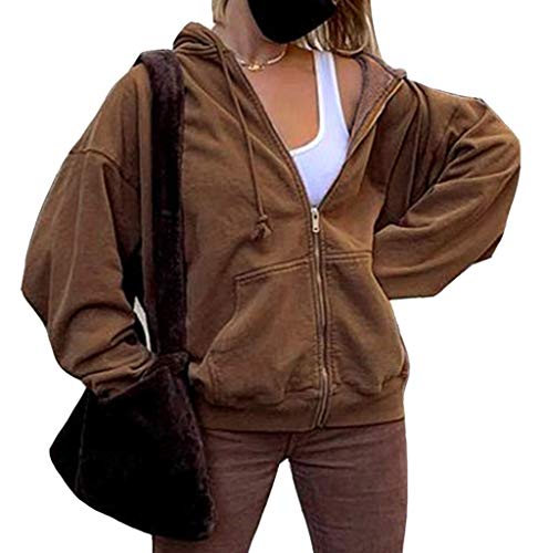 ORANDESIGNE Femmes Veste Sweatshirt Rétro Sweat à Capuche Cardigan Ample Veste à Capuche Y2K Sweatjacket Zippé Sweat à Capuche avec Cordon de Serrage Pull Homme Unisex - A Marron - XXL