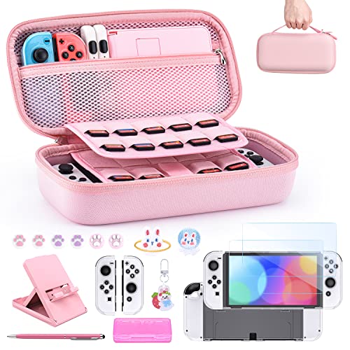 Switch Tasche für NS Switch OLED - innoAura 18 in 1 Switch Zubehör mit Switch Hülle, Switch Spiele Aufbewahrung, Switch Schutzfolie für Switch OLED, Switch Ständer, Switch Joystick Kappen (Rosa) - Pink