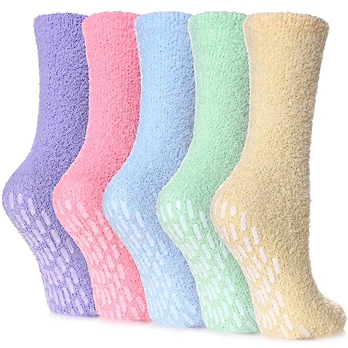 Yebing Non Slip Hospital Socks for Women with Grips Fuzzy Cozy Anti Skid Slipper Socks Winter Warm Soft Fluffy Sleep Socks - 5 Pairs Non Slip Rainbow a