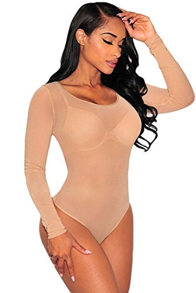 SEBOWEL Women Long Sleeves Mesh See Through Jumpsuit Bodysuit Top Leotard