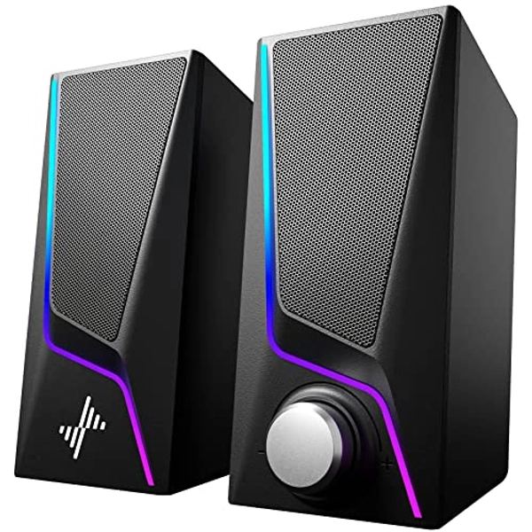 Computer Speakers, PC Speakers with 6 Colorful LED Modes, USB Powered Computer Speakers for Desktop with 2 Bass-Boost Ports, 2 Speaker Units and 3.5mm Aux-in Cable for PC, Laptop, Tablet, Phone