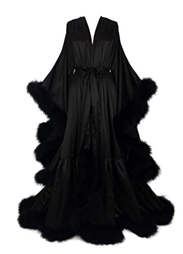 Old Hollywood Feather Robe Sexy Boudoir Robe Feather Bridal Robe Satin Long Wedding Scarf New Custom Made, Black, Medium