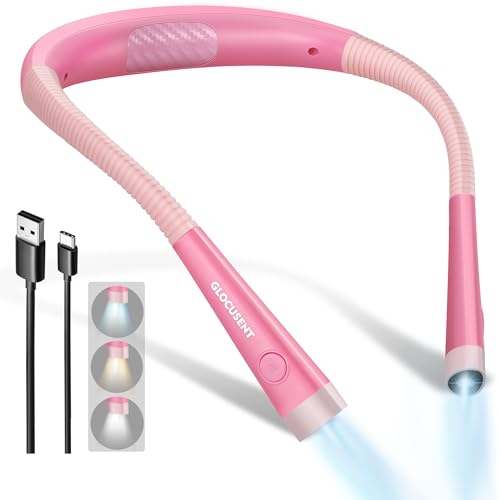 Glocusent LED Neck Reading Light, Book Light for Reading in Bed, 3 Colors, 6 Brightness Levels, Bendable Arms, Rechargeable, Long Lasting, Perfect for Reading, Knitting, Camping, Repairing - Medium - Pink