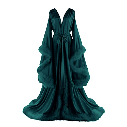 Daily Life Mall Women's Feather Bridal Robes Old Hollywood Maternity Photoshoot Nightgown Silk Bathrobe Long Lingerie, Teal, Large
