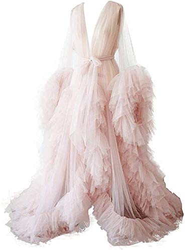 Michealboy Ladies Dressing Gown Perspective Sheer Long Robe Puffy Tulle Robe Sheer for Maternity Photoshoot, Pink, Small