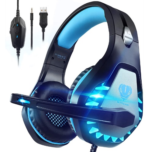 Pacrate Gaming Headset with Microphone for PC PS4 PS5 Headset Noise Cancelling Gaming Headphones for Laptop Mac Switch Xbox One Headset with LED Lights Deep Bass for Kids Adults Black Blue - Black Blue