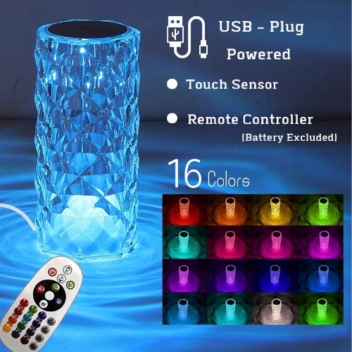 Multicoloured 16 Colour Crystal Touch Lamp - RGB 16 color Remote / USB Plug