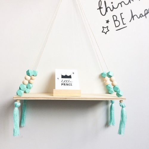 Beaded Hanging Wooden Shelf - Aqua Blue