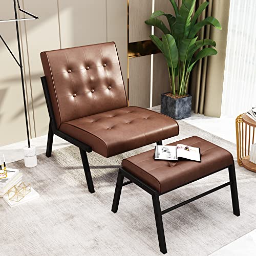 Lamerge Accent Chair with Ottoman, Modern Upholstered Accent Chairs, Faux Leather Single Sofa Chair with Ottoman Foot Rest for Bedroom, Living Room, Office Use (Brown) - Brown2