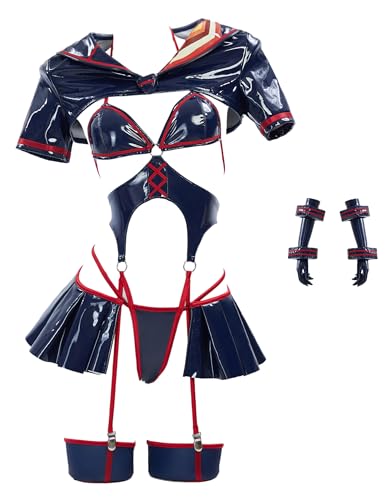 Mobbunny Anime Derivative Cosplay Costume Hollow Bodysuit Top and Skirt with Panty and Gloves - Medium - Dark Blue