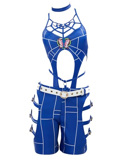 Mobbunny Anime Derivative Spiderweb Cosplay Bodysuit Cutout Bodysuit and Long Pants with Belt Cosplay Costume - Medium - Blue