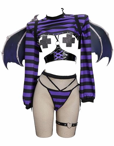 MEOWCOS Women's Cosplay Costume Top and Skirt Set with Gloves Stockings Thigh Buckle - Black and Purple - Medium
