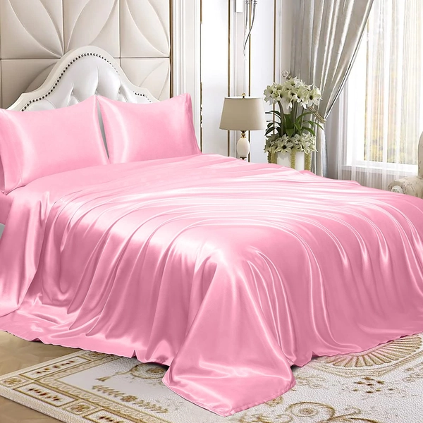 Homiest Satin Sheet Set Double Size with Deep Pocket Fitted Sheet, Satin, Pink-a, Full