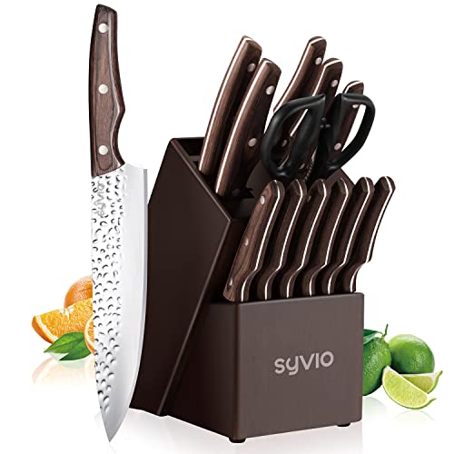 syvio Kitchen Knife Sets with Block and Wood Handle, 14 Piece with Built-in Sharpener, Kitchen Knives for Chopping, Slicing, Dicing&Cutting - Brown