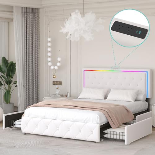 QFP Full Size Tufted Bed Frame with Adjustable LED Lights Headboard, Upholstered Metal Platform Bed Frame with 4 Underneath Storage Drawers and Solid Wooden Slats Support, No Box Spring Needed - Full