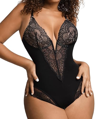 Popilush Lace Shapewear Bodysuit Sleeveless Backless Body Suit Thongs - Black - L (4-6)