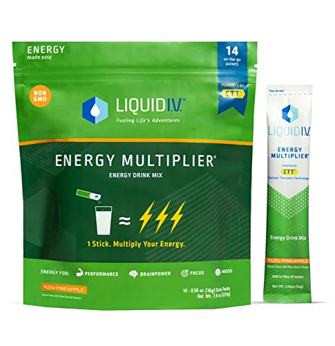 Liquid I.V. Yuzu Pineapple Energy Multiplier | Energy Powder Drink Sticks | Proprietary Energy Blend | Natural Caffeine | Easy Open Single-Serving Stick | Non-GMO | Yuzu Pineapple - 14 Sticks - 14 Count (Pack of 1)