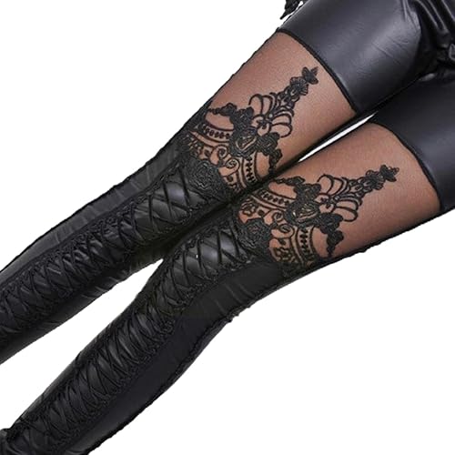 sarge knives Élégant Sexy Femmes Faux Cuir Gothique Punk Leggings Imitation Dentelle Pantalon en Cuir Pantalon Neuf Points Skinny Pantalon Ceinture - Taille unique - Noir