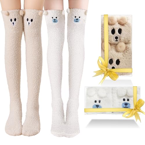 Kakveiai 1 Pair Chaussettes Hautes Montantes Femme, Femme Longues Chaussettes, Chaussettes de Genoux, avec Transparent Coffrets Cadeaux, Cadeau De Femmes et Fille, Taille unique - Taille unique - Blanc+Gris