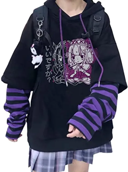 YINGKE Femme Anime Manga Sweat à Capuche Fille Japonais Kawaii Vetement E-Girl Y2K Gothique Sweatshirt Harajuku Pull