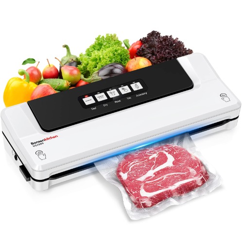 Bonsenkitchen Vakuumiergerät, Vakuumierer, Lebensmittel Bleiben bis zu 8x Länger Frisch, Folienschweißgerät für trockene oder feuchte Lebensmittel, inkl. 5 Vakuumier-Beutel und Schlauch (VS2000) - A-weiß